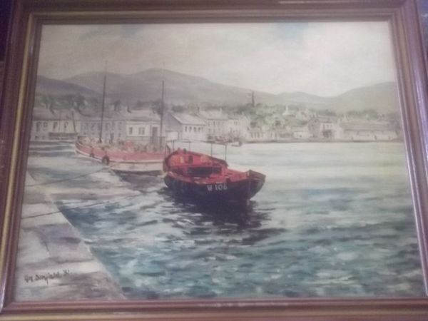 a oil painting picture on board of a harbour sceen by ken donfield - Main image