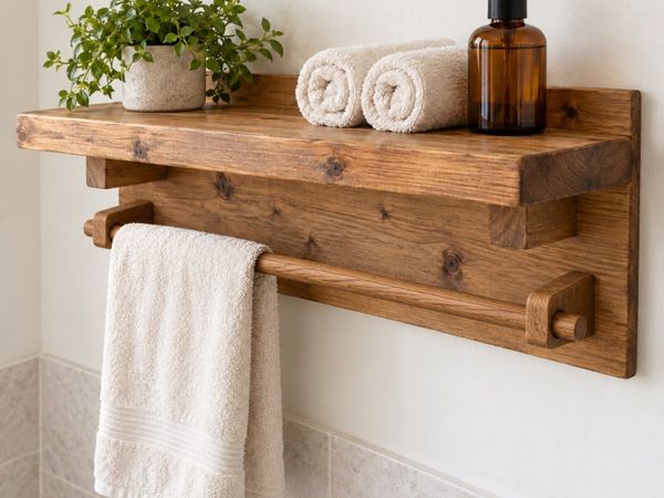 Handmade Rustic Bathroom Shelf with Towel Rail - Main image