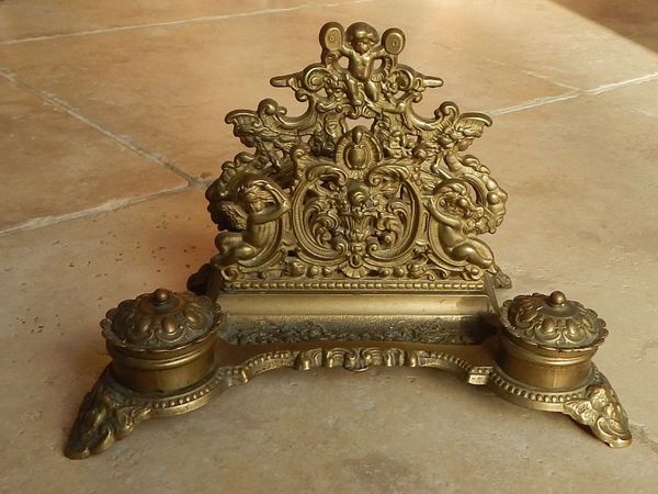 Vintage Ornate Brass Letter Rack & Double Inkwell - Main image