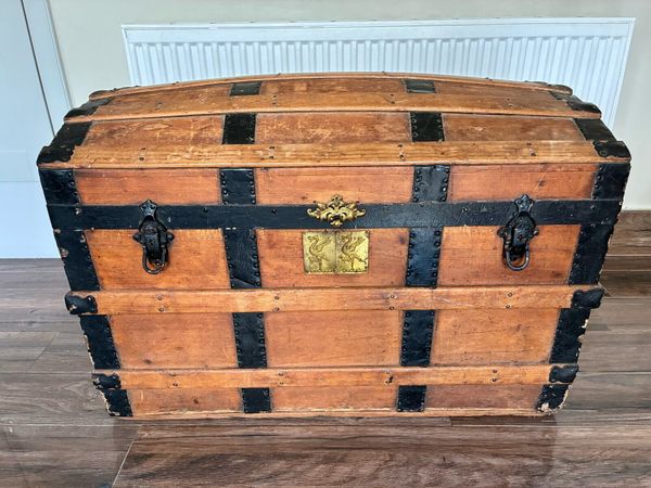 Antique 1890s steamer trunk Liver brass plates - Main image