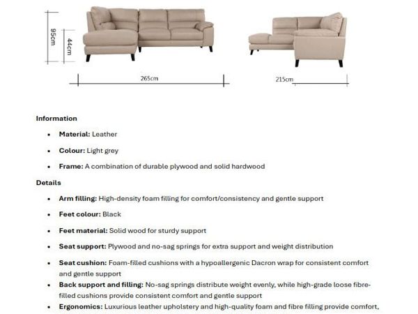 Alfredo light grey leather corner chaise sofa - Main image
