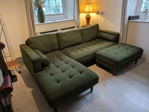 Cooper green fabric corner sofa with left hand facing chaise. Footstool included. In perfect condition. - Main image