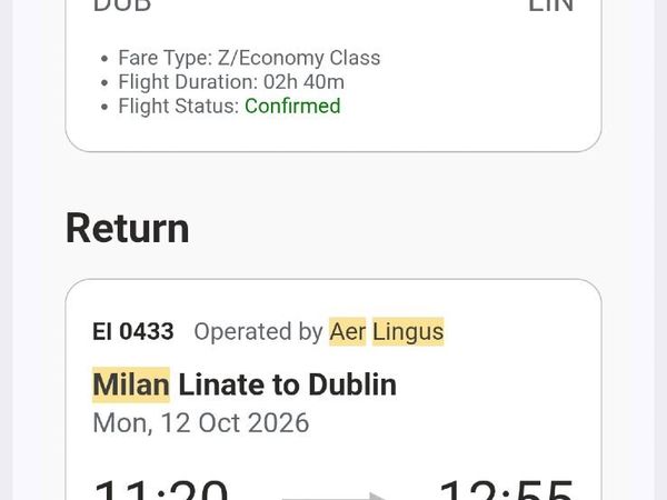 Aerlingus ticket Dub to Milan Linate 10th-12th Oct - Main image