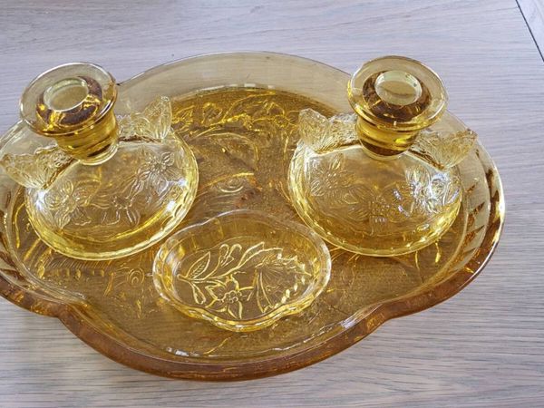 1920s Art Deco Amber Glass Boudoir Trinket Set - Main image