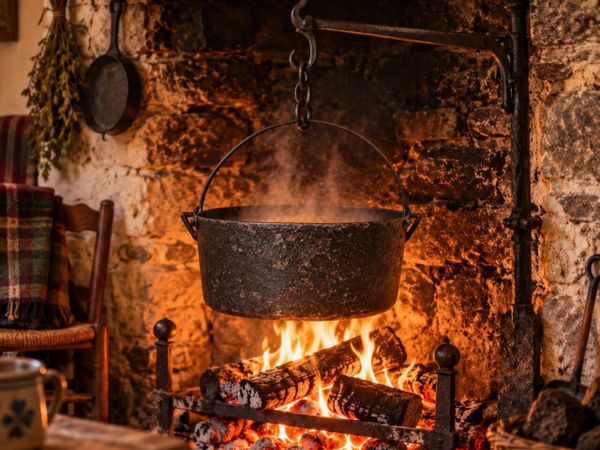 antique vintage HALLOWEEN CAULDRON fire cottage - Main image