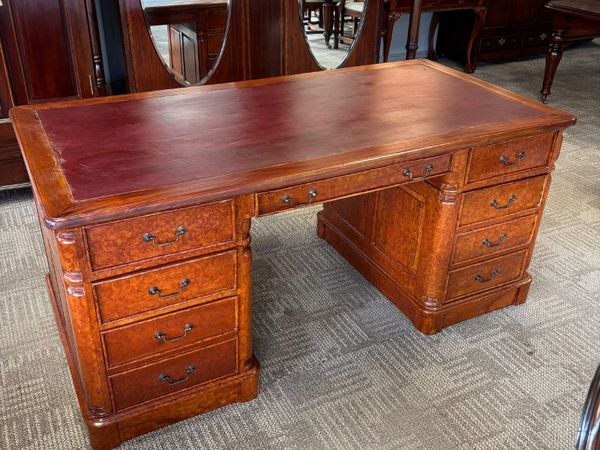 Traditional burr walnut twin pedestal writing desk - Main image