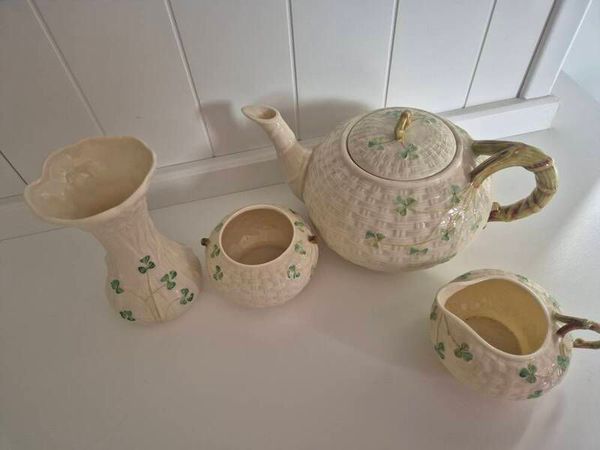 Vintage Belleek Irish China Classic Shamrock & Basketweave Pattern - Main image