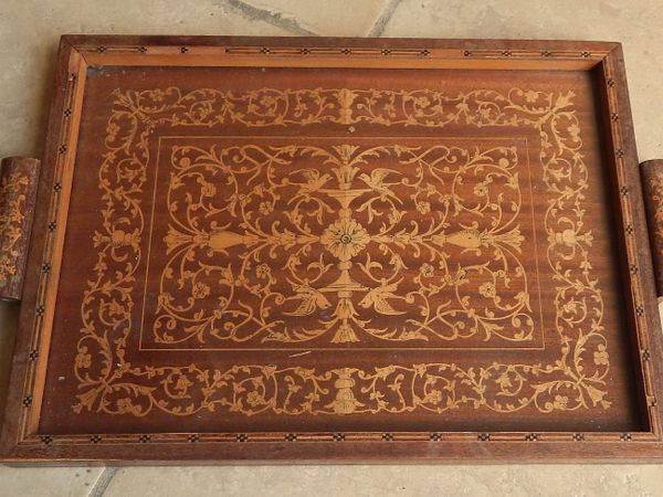 Vintage Wooden Serving Tray with Marquetry Inlay - Main image