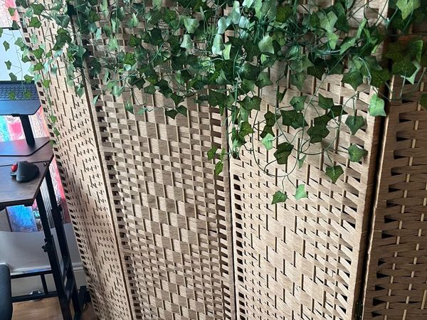 4-Panel Woven Room Divider + Artificial Ivy - Main image