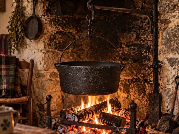 antique vintage HALLOWEEN CAULDRON fire cottage - Main image