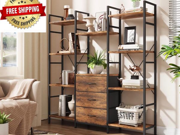 4-Tier Bookcase with Drawers, 100cm Wide Rustic Br - Main image