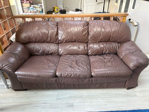 3 Seater Brown Leather Couch & Armchair - Main image