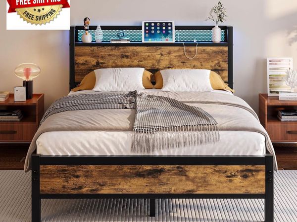 4ft6 Double Bed Frame with LED Lights&Charging Sta - Main image