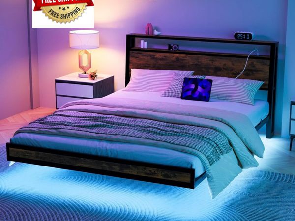 Double Size Floating Bed Frame with Wooden Headboa - Main image