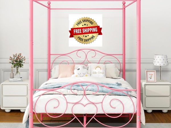 Double Canopy Bed Frame with Vintage Headboard & F - Main image