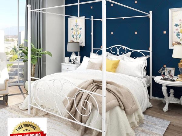 Double Canopy Bed Frame with Vintage Headboard & F - Main image