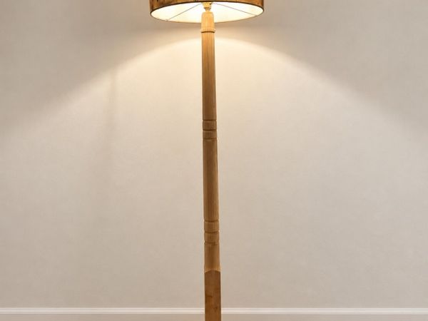 Restored Hardwood floor lamp with hand-painted sha - Main image