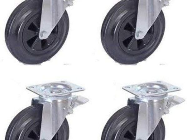 200mm Rubber Castor Wheels Braked Heavy Duty 200kg - Main image