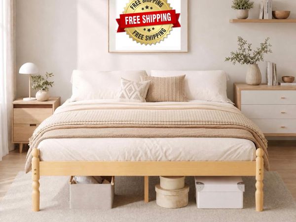 King Bed Frame 14-inch Natural Bamboo Wood Platfor - Main image
