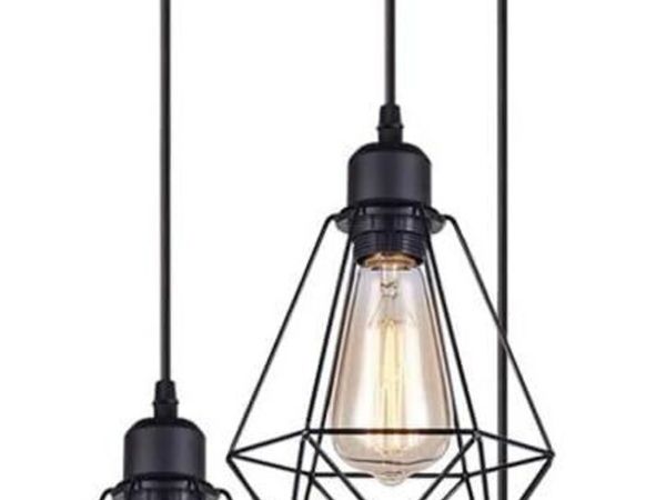 Black Metal Vintage Cage Pendant Light 3 Bulbs - Main image