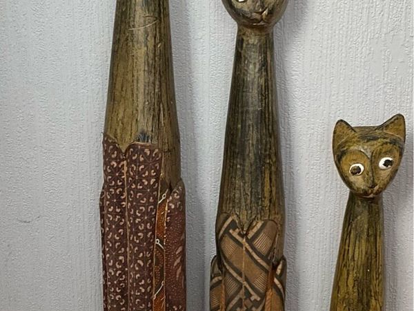 Set of 3 Hand Carved Wooden Cat Statues - Main image