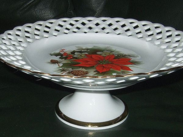 Vintage Poinsettia Footed Porcelain Bowl–Pristine - Main image
