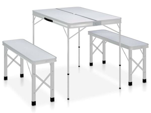 Folding Camping Table with 2 Benches Aluminium Whi - Main image