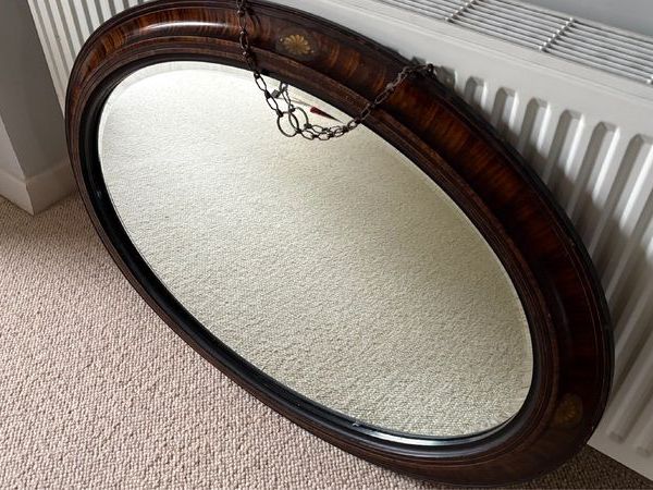 Antique Oval Mahogany Wall Mirror with Inlay & Bevelled Glass - Main image