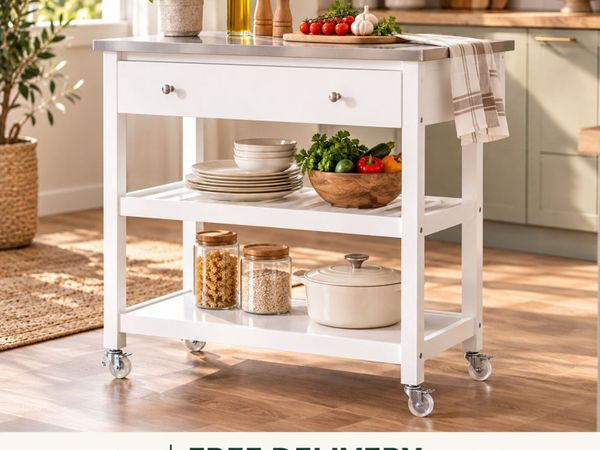 White Kitchen Trolley on Wheels with Stainless Ste - Main image