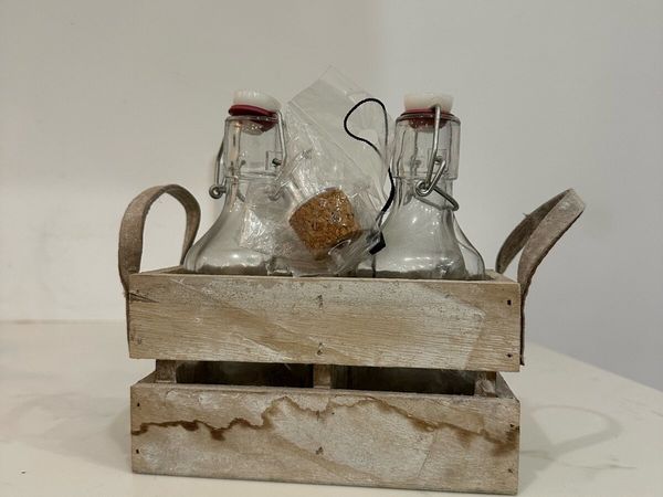 Rustic Wooden Bottle Carrier with 2 Glass Bottles - Main image