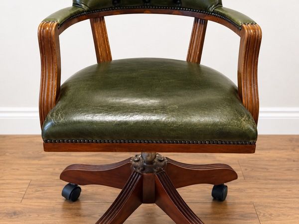 Vintage Green Leather Chesterfield Captain Chair - Main image
