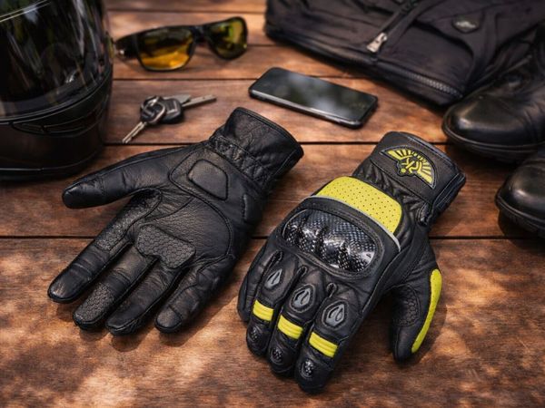 Women's Black & Yellow Leather Motorcycle Gloves - Main image