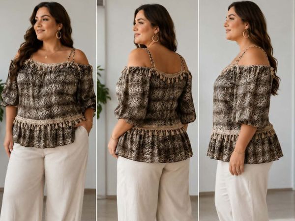 Plus Size Boho Off-Shoulder Animal Print Blouse L+ - Main image