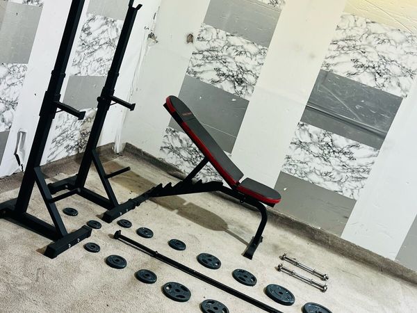 CAST IRON WEIGHTS BARBELL DUMBBELLS RACK BENCH - Main image