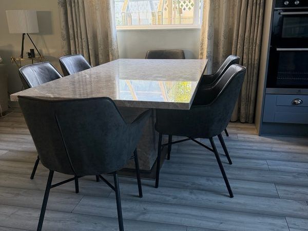 Large Marble Dining Table 180cm Single Pedestal Base plus 6 chairs - Main image
