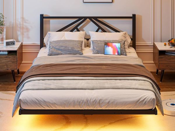 Floating Bed Frame with LED Lights Charging - Main image