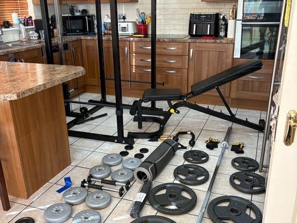 Beautiful Olympic Power Rack + Full Size Integrated Cable System, Olympic Weight, Dumbbells, Bench + - Main image