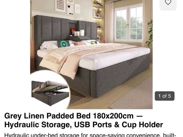 Grey Linen Super King Size Bed with storage,USB ports and cup holders - Main image