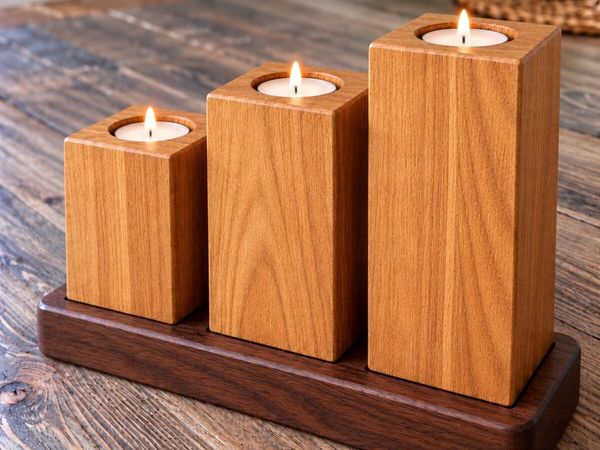 Handmade Rustic Wood Tea-light Candle Holder Set - Main image