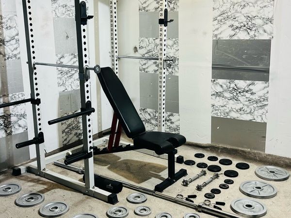 HEAVY DUTY RACK 145KG BARBELL SET BENCH DUMBLS - Main image