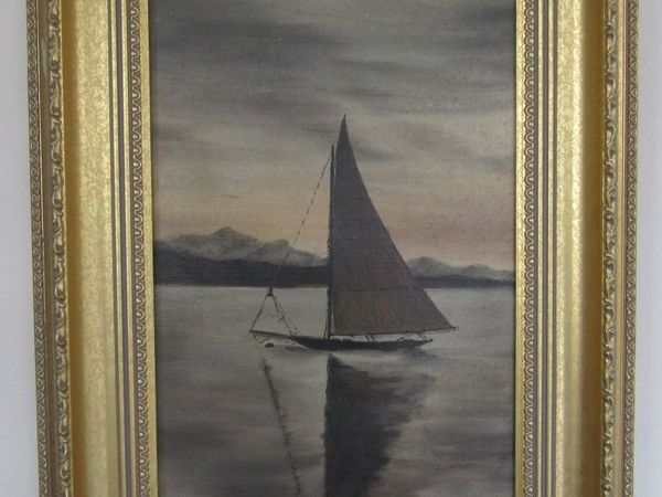 Vintage Sailboat Painting in Gold Frame - Main image