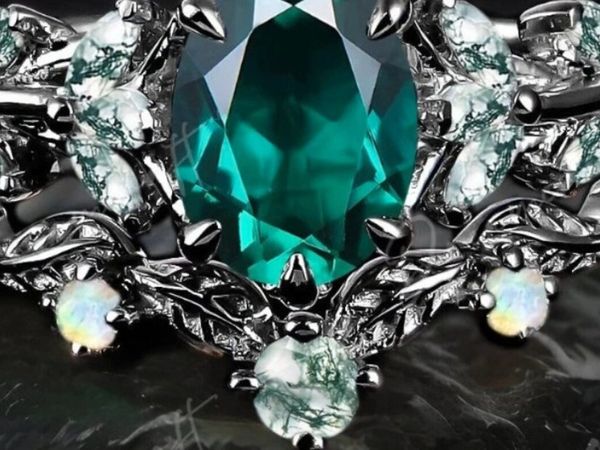 🟢Bridal set engagement ring - Black Gold, Green - Main image