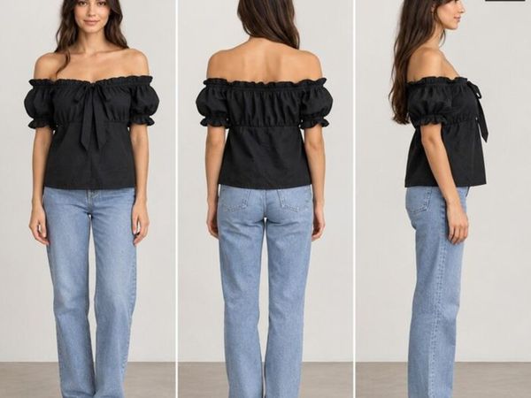 Black Off-Shoulder Ruffle Blouse with Puff Sleeves - Main image