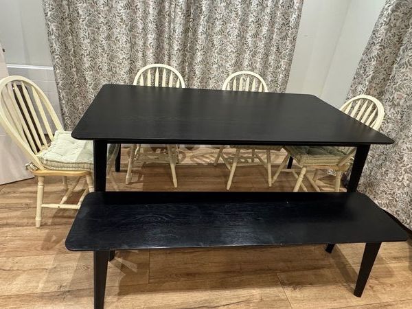 Oak wood black dinning table with a bench and 4 chairs - Main image