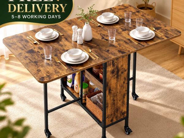 Folding Dining Table with Wheels & 2 Storage Shelv - Main image