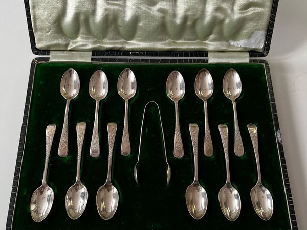 1912 Edwardian  solid silver set 12 and Tong - Main image