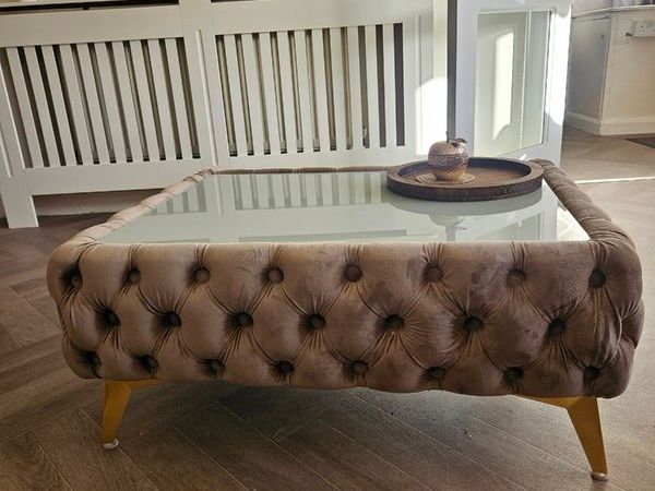 Velvet button-tufted coffee table with glass top - Main image