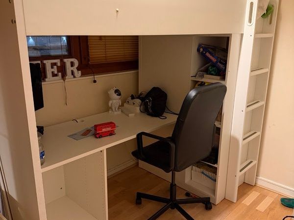 FREE White loft bed with integrated desk and shelving - Main image