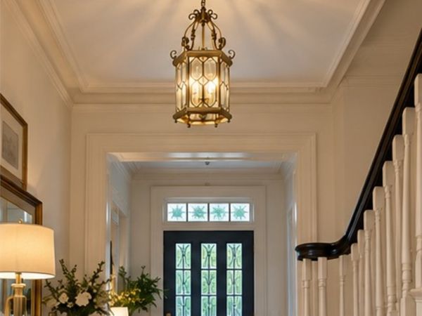 Large Ornate Brass & Glass Hall Pendant Light 70cm - Main image