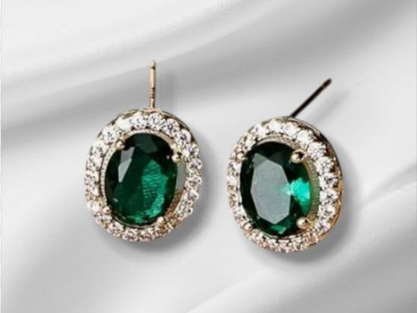 18k Gold Vermeil Colombian Emerald Halo  Earrings - Main image